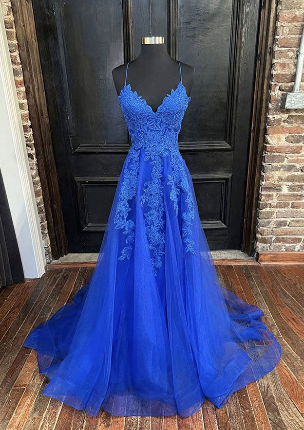 A-line V Neck Spaghetti Straps Sweep Train Tulle Prom Dress With Appliqued  Split Glitter