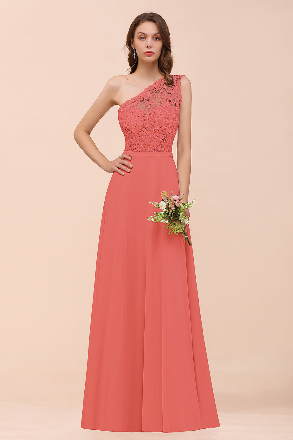 long one shoulder lace bridesmaid dress