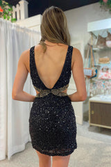 Jessamine Sheath V-Neck Black Sequined Homecoming Dress