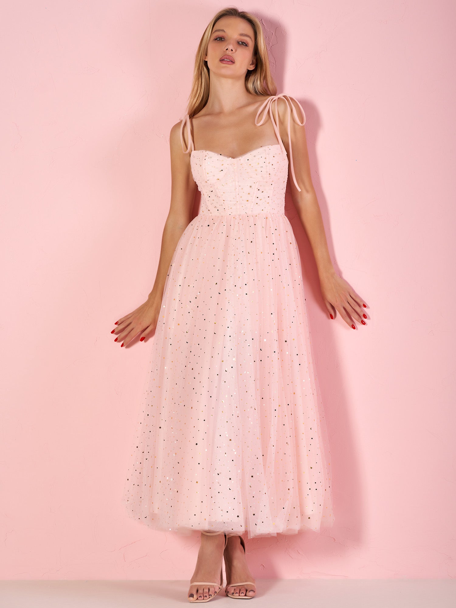 Sweetheart Neckline Starlit Cloak Maxi-Length Tulle Prom Dress