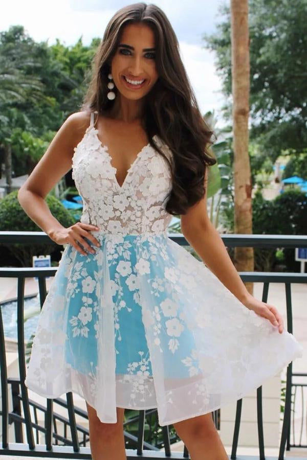 Rosalind A-Line V-Neck Sky Blue Homecoming Dress with Appliques