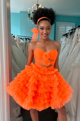 Orange Strapless Ruffled Tiered Tulle Short Homecoming Dress