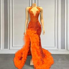 Gorgegous Orange Sleeveless Mermaid Long Formal Dresses with Side Slit and Tulle Beads