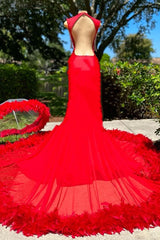 Elegant Deep V-neck Mermaid Ruby Feather Silver Beaded Prom Party Dresses