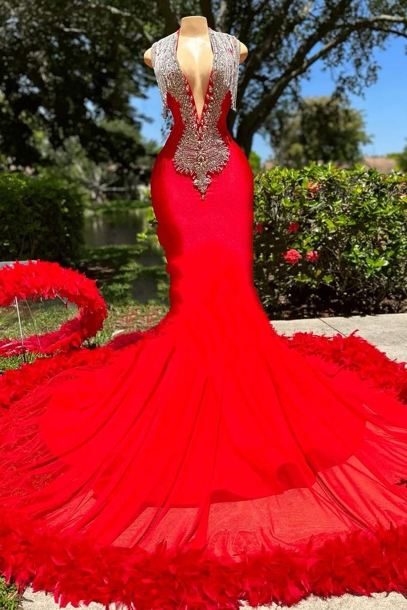 Elegant Deep V-neck Mermaid Ruby Feather Silver Beaded Prom Party Dresses