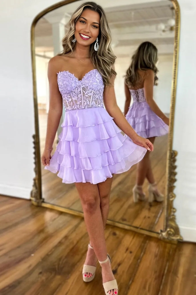 A-Line Strapless Tiered Corset Short Homecoming Dress with Appliqued Details