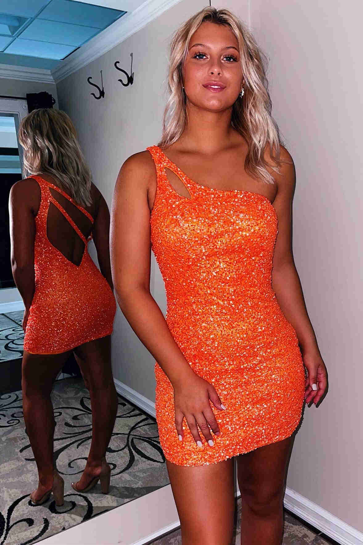 Magdalene Sparkly Bodycon One-Shoulder Sequined Short Homecoming Dress with Keyhole