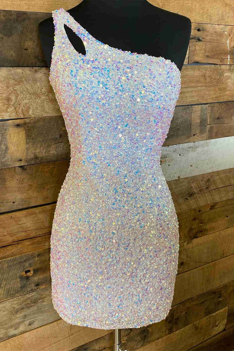 Magdalene Sparkly Bodycon One-Shoulder Sequined Short Homecoming Dress with Keyhole