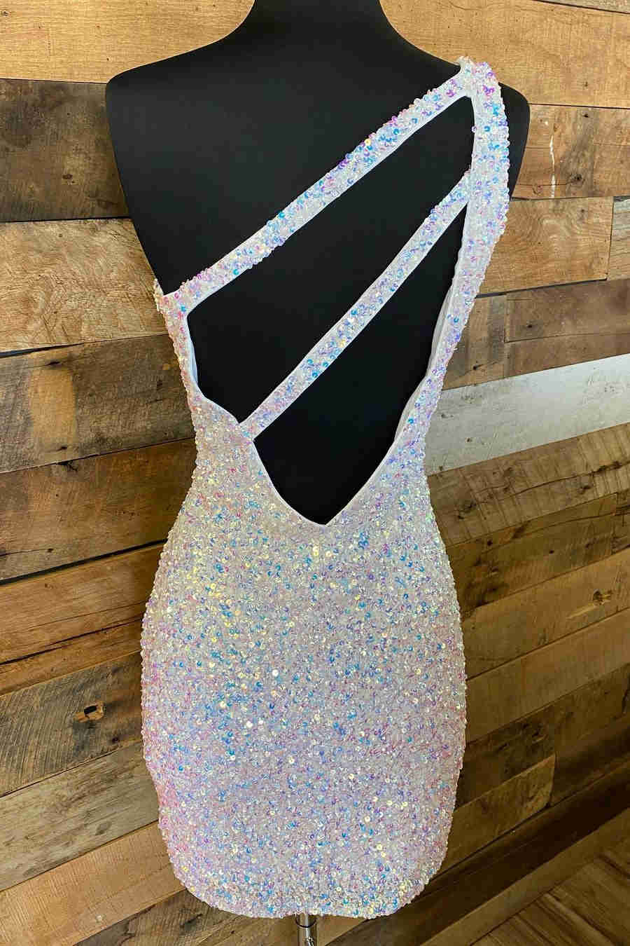 Magdalene Sparkly Bodycon One-Shoulder Sequined Short Homecoming Dress with Keyhole