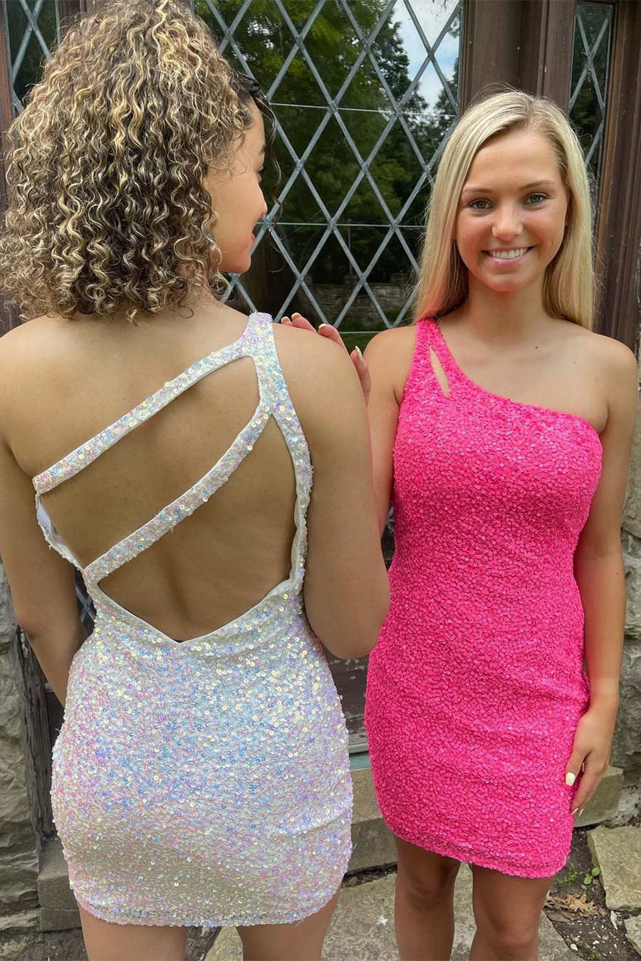 Magdalene Sparkly Bodycon One-Shoulder Sequined Short Homecoming Dress with Keyhole