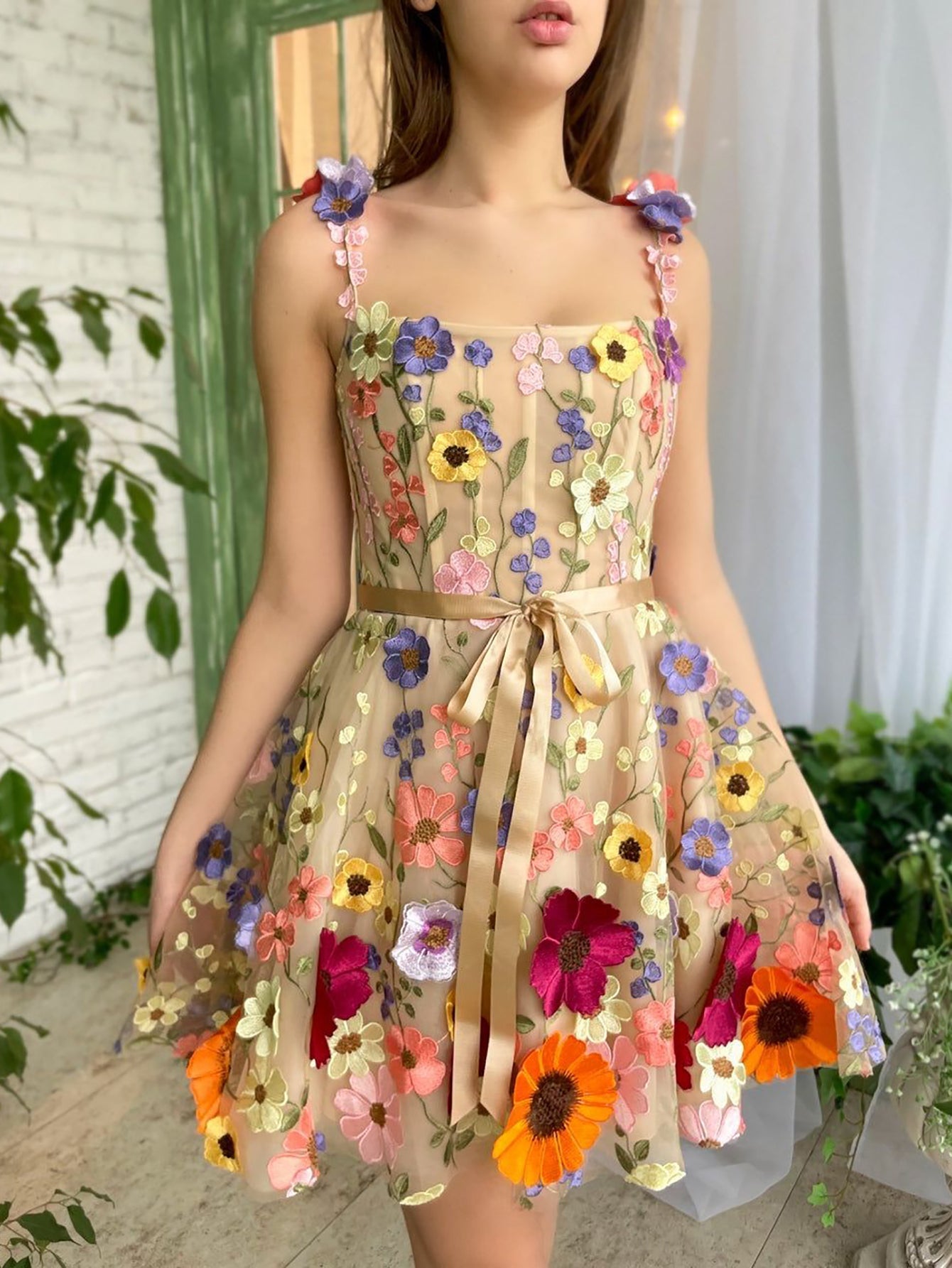 Sophie A-Line Floral Short Homecoming Dress with 3D Flower Accents