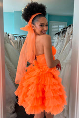 Orange Strapless Ruffled Tiered Tulle Short Homecoming Dress