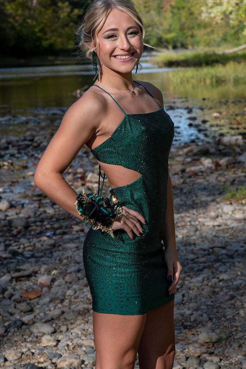 Dark Green Spaghetti Strap Short Homecoming Dress with Beading