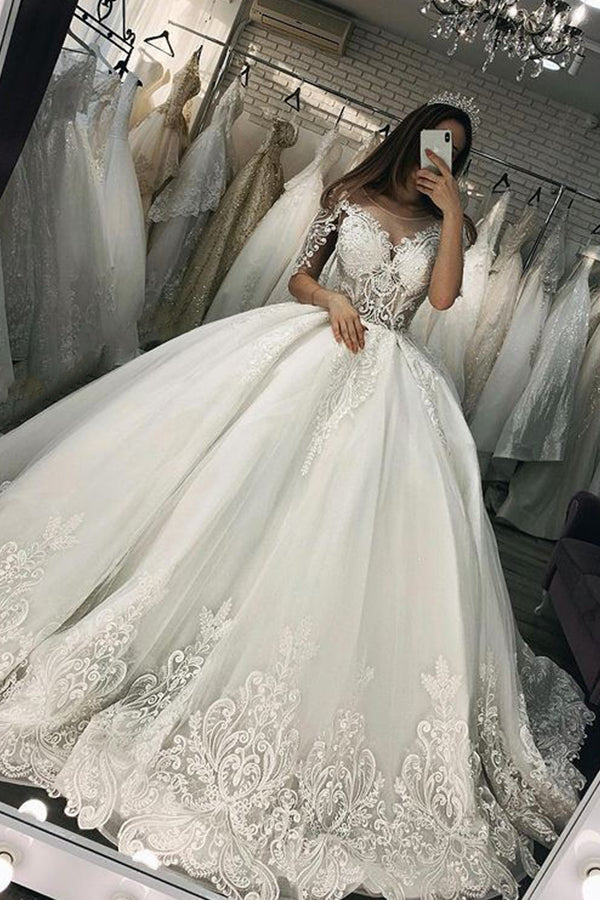 3/4 Sleeves Ball Gown Wedding Dress Lace Appliques With Beads