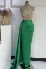 Designer Strapless Emerald Green Mermaid Long Prom Dress With Beads
