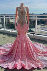 Elegant V-neck Silver Beaded Pink Long Prom Party Dresses with Cutout