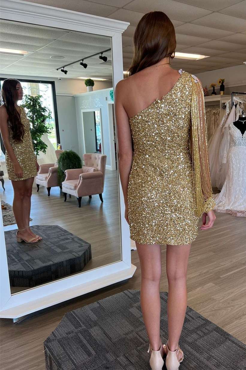 Monroe Sheath One-Shoulder Sequined Homecoming Dress