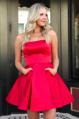 Lisa A-Line Strapless Satin Homecoming Dress with Functional Pockets