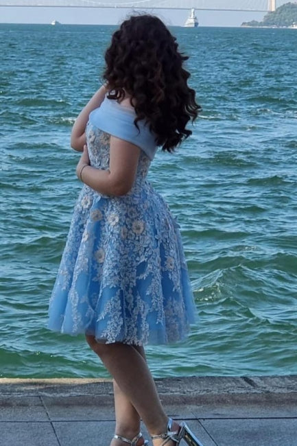 A-Line Light Blue Off The Shoulder Tulle Short Sleeve Prom Dresses with Appliques