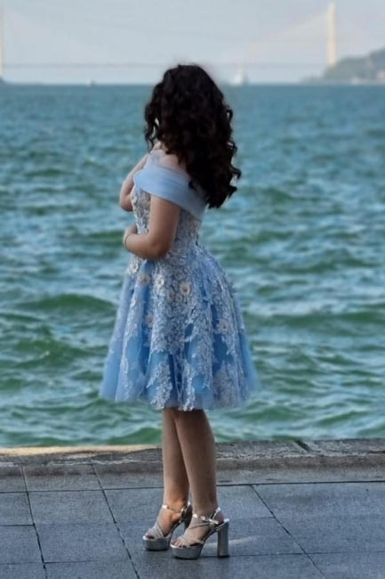 A-Line Light Blue Off The Shoulder Tulle Short Sleeve Prom Dresses with Appliques