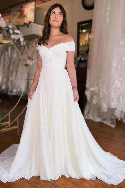 Amazing Long A-Line Off-The-Shoulder Floor-Length Short Sleeve Stain Wedding Dresses with Ruffles