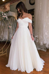 Amazing Long A-Line Off-The-Shoulder Floor-Length Short Sleeve Stain Wedding Dresses with Ruffles