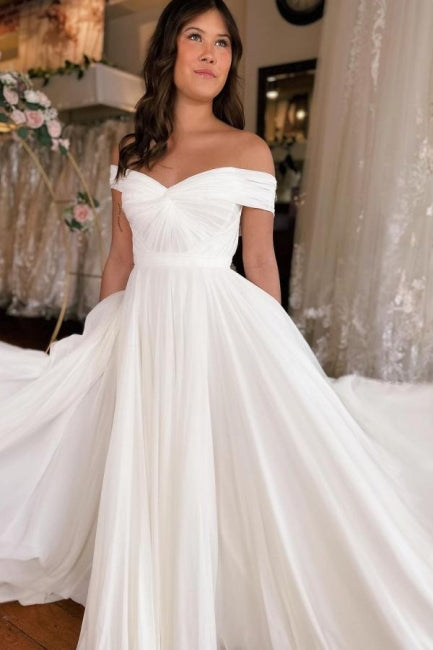 Amazing Long A-Line Off-The-Shoulder Floor-Length Short Sleeve Stain Wedding Dresses with Ruffles