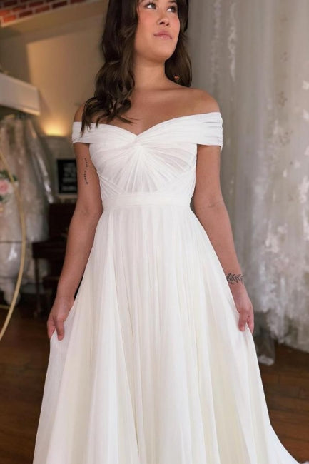 Amazing Long A-Line Off-The-Shoulder Floor-Length Short Sleeve Stain Wedding Dresses with Ruffles