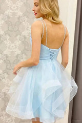 A-Line V-Neck Light Blue Short Homecoming Dress