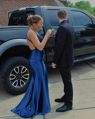 Striking Column Satin Scoop Sleeveless Blue Prom Dress Featuring Appliques and Front Split