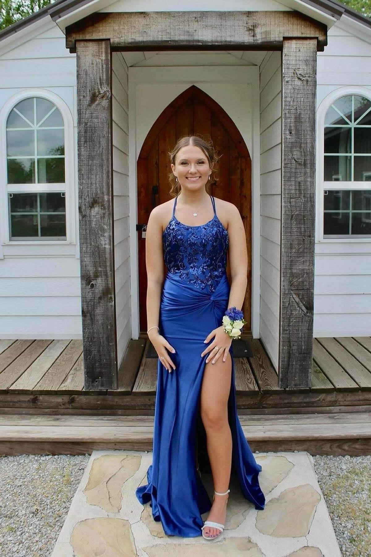 Striking Column Satin Scoop Sleeveless Blue Prom Dress Featuring Appliques and Front Split