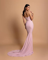 Dazzling Column Strapless Sleeveless Rhinestone Satin Open-Back Pink Prom Gowns with Train