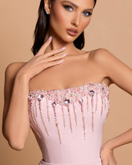 Dazzling Column Strapless Sleeveless Rhinestone Satin Open-Back Pink Prom Gowns with Train