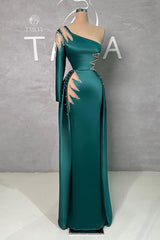 Breathtaking Floor Length One Shoulder Rhinestone Long Sleeve Prom Dress With Detachable Train