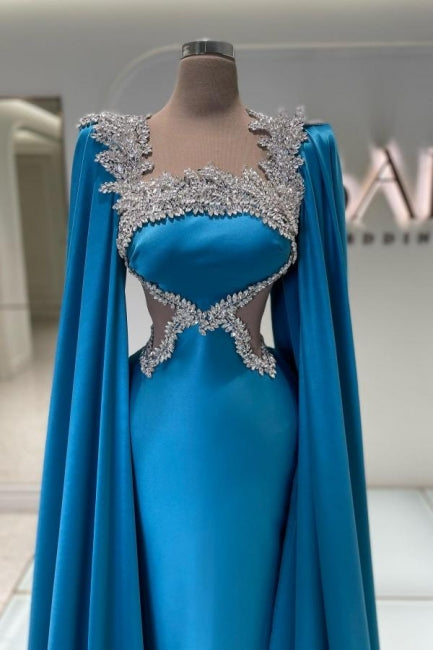 Amazing Long Blue Satin Rhinestone Evening Dress Designer Style