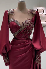 Amazing Long Burgundy Mermaid Beaded Lace Prom Dress with Long Sleeves