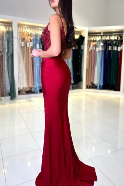 Amazing Long Mermaid Burgundy Spaghetti Straps Lace Prom Gown with Slit