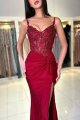 Amazing Long Mermaid Burgundy Spaghetti Straps Lace Prom Gown with Slit