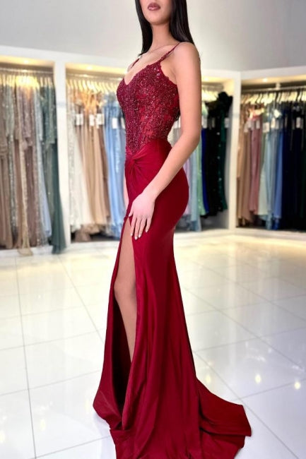 Amazing Long Mermaid Burgundy Spaghetti Straps Lace Prom Gown with Slit