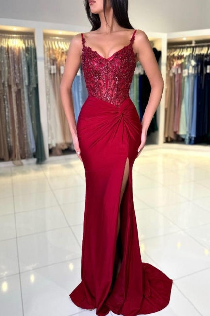 Amazing Long Mermaid Burgundy Spaghetti Straps Lace Prom Gown with Slit