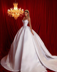 Beautiful A-line Spaghetti Straps Sleeveless Ruffled Satin Train White Long Wedding Dress