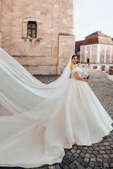 Elegant Long A-line Off-the-shoulder Sleeveless Wedding Dress with Lace Details