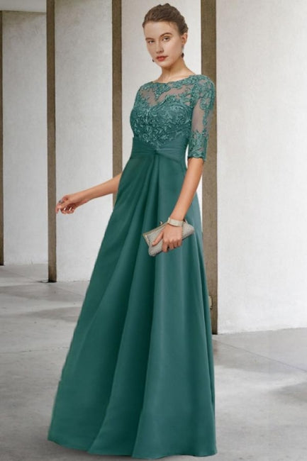 Beautiful Long Green A-line Lacy Chiffon Dress with Elegant Sleeves for Mother of the Bride