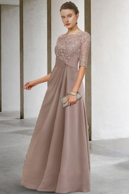 Beautiful Long Green A-line Lacy Chiffon Dress with Elegant Sleeves for Mother of the Bride