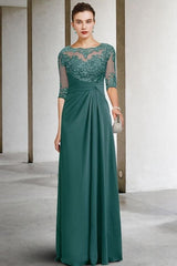 Beautiful Long Green A-line Lacy Chiffon Dress with Elegant Sleeves for Mother of the Bride