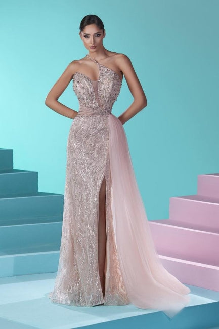 Stunning Long Mermaid One Shoulder Lace Tulle Prom Dress with Slit