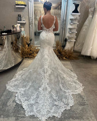 Stunning Long Mermaid V-neck Sleeveless Lace Backless Wedding Gown