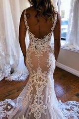 Beautiful Long Mermaid V-neck Sleeveless Lace Backless Wedding Dress with Flowing Train