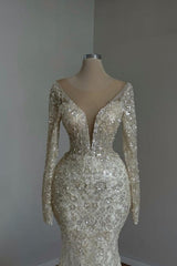 Stunning Long White Mermaid V-neck Lace Glitter Prom Dress with Long Sleeves