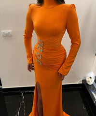 Beautiful Long Orange Mermaid Dress With High Neck Satin Fabric Long Sleeves And Side Slit